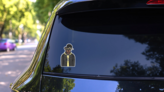 Rottweiler Hipster Sticker on a Rear Car Window (New) example