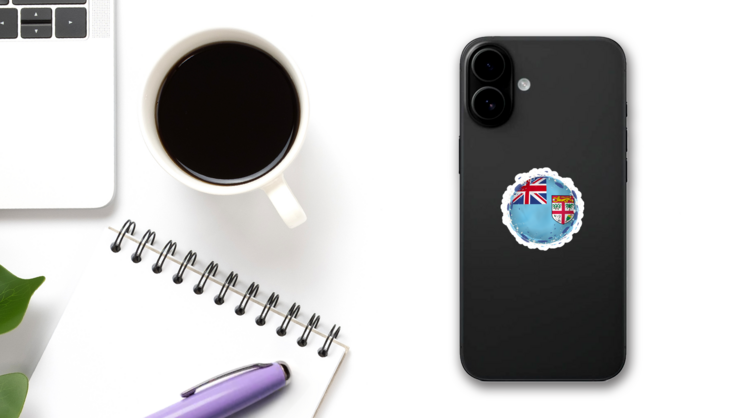 Round Grunge Flag Of Fiji With Splashes Sticker on a Phone (New) example
