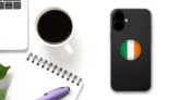 Round Metallic Flag Of Ireland Sticker on a Phone (New) example