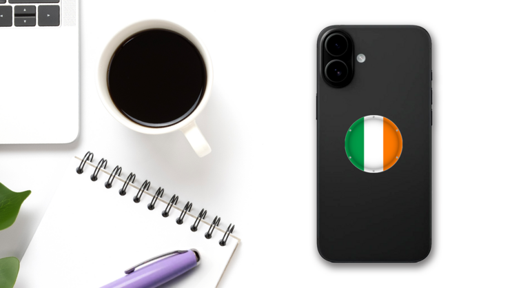 Round Metallic Flag Of Ireland Sticker on a Phone (New) example