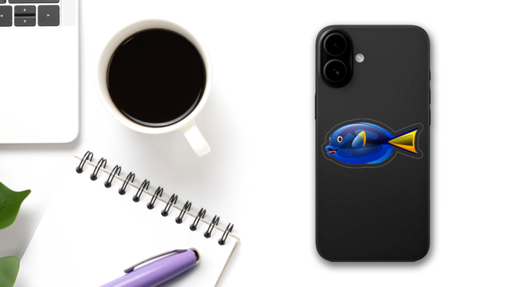 Royal Blue Tang Fish Sticker on a Phone (New) example