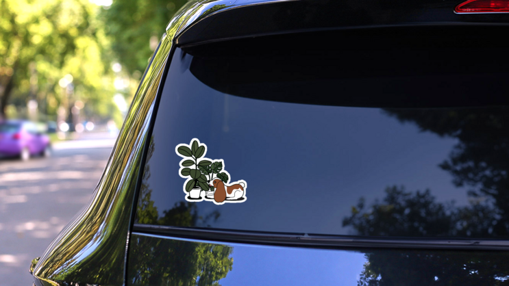 Rubber Tree, Monstera and Cute Puppy Sticker on a Rear Car Window (New) example