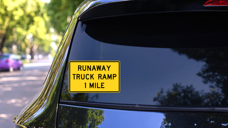 Runaway Truck Ramp 1 Mile Sticker on a Rear Car Window (New) example