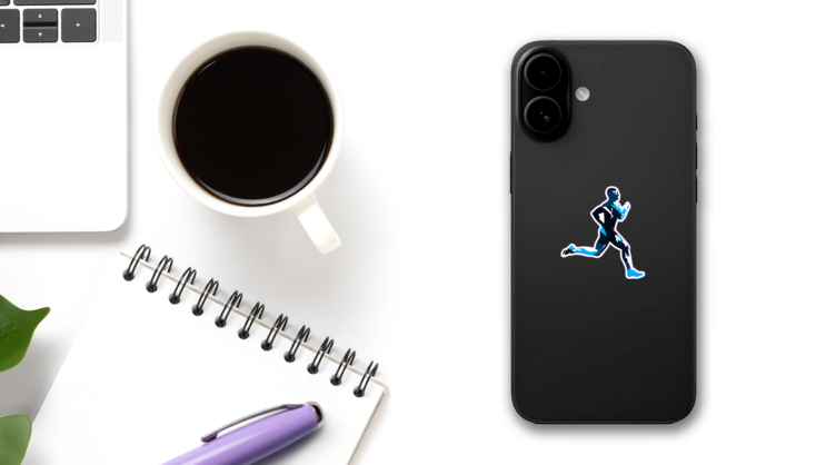Running Man, Abstract Blue Silhouette Sticker on a Phone (New) example