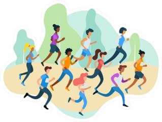 Running Sporty People Take Part In Marathon Cartoon Sticker