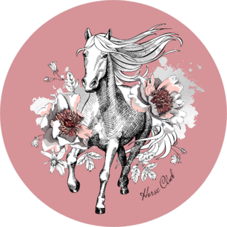 Running White Horse With Silver Exotic Flowers On Pink Sticker