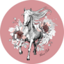 Running White Horse With Silver Exotic Flowers On Pink Sticker