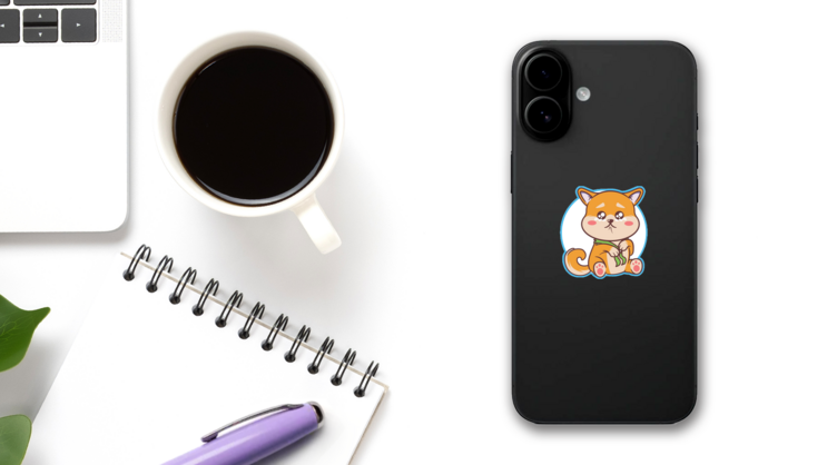 Sad Orange Shiba Sticker on a Phone (New) example
