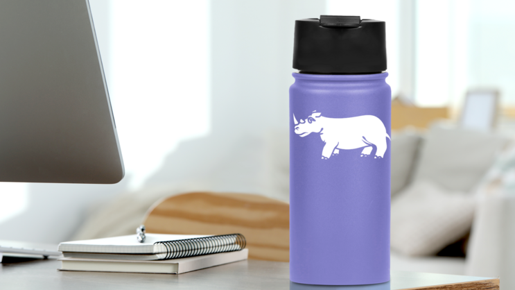 Sad Rhinoceros Sticker on a Water Bottle (New) example