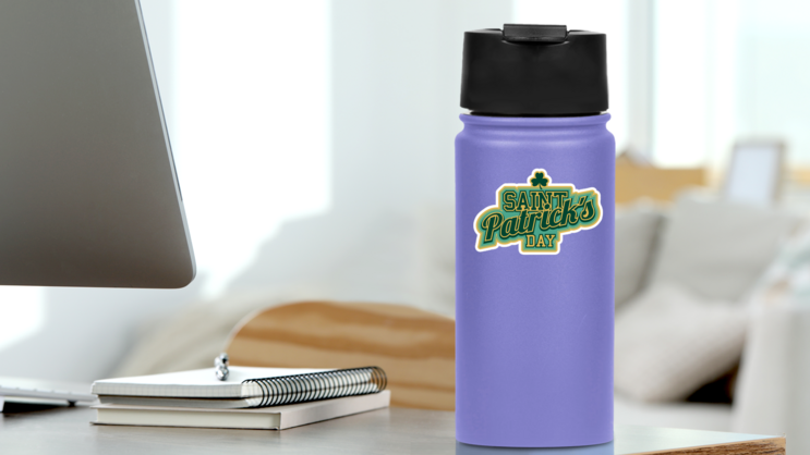 Saint Patricks Day College Lettering Sticker on a Water Bottle (New) example