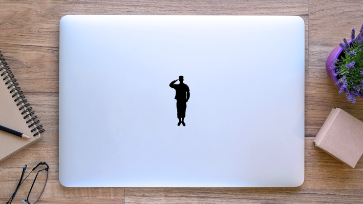 Saluting Army Soldiers Silhouette Sticker on a Laptop (New) example