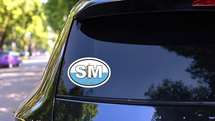 San Marino Sm Flag Oval Sticker on a Rear Car Window (New) example