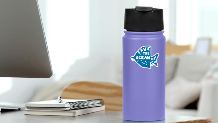 Save The Ocean With Fish And Plastic Waste Sticker on a Water Bottle (New) example