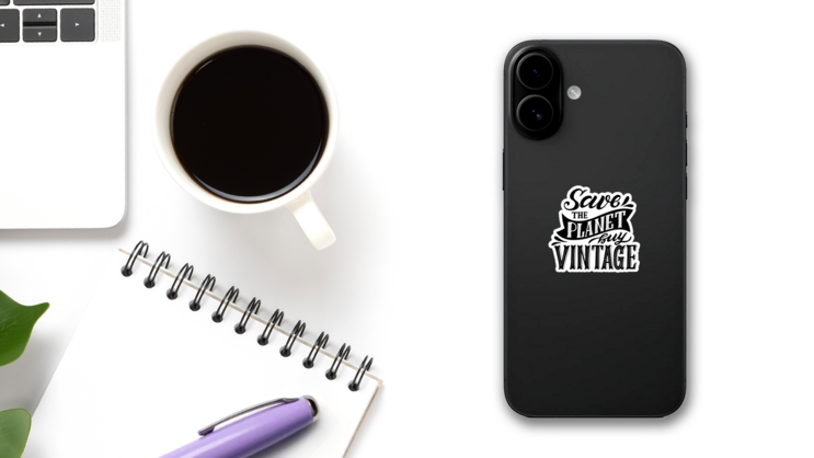 Save The Planet, Buy Vintage Calligraphy Sticker on a Phone (New) example