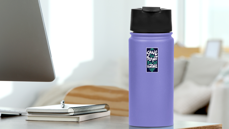 Save The Planet, Buy Vintage Thrifting Lettering Sticker on a Water Bottle (New) example