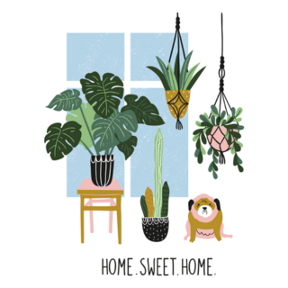 Scandinavian Style Home Sweet Home with Happy Plants and Dog Sticker