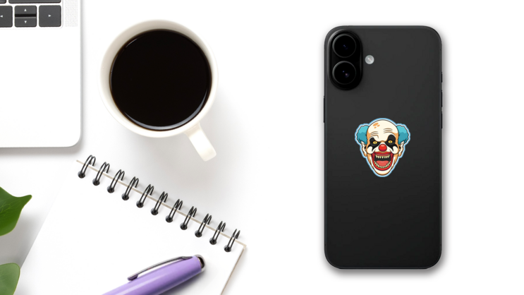 Scary Blue Clown Sticker on a Phone (New) example