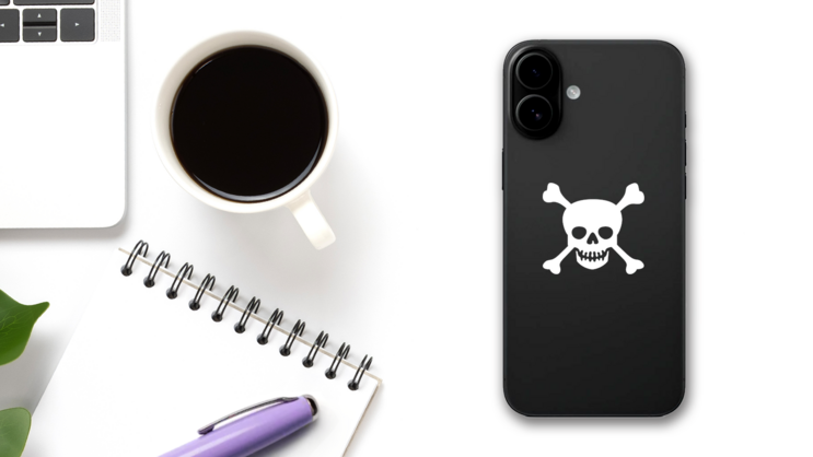 Scary Skull And Crossbones Sticker on a Phone (New) example