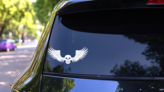 Scary Skull With Detailed Wings Sticker on a Rear Car Window (New) example