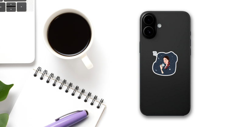 Scorpio Woman Holding A Planet Against Stars And Planets Sticker on a Phone (New) example