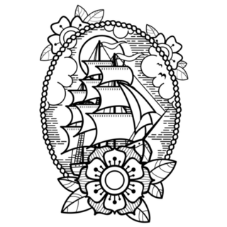 Sea Ship With Flowers Traditional Tattoo Sticker