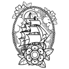 Sea Ship With Flowers Traditional Tattoo Sticker