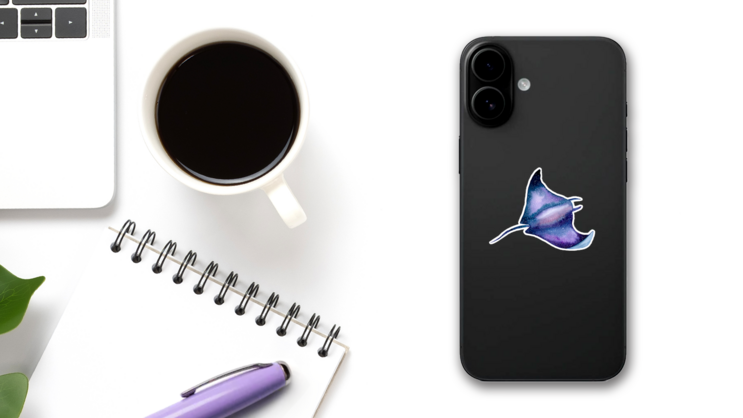 Sea Stingray Watercolor Painting Sticker on a Phone (New) example