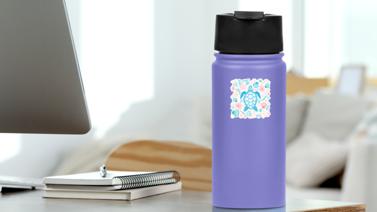 Sea Turtle And Shells Line Art Sticker on a Water Bottle (New) example