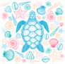 Sea Turtle And Shells Line Art Sticker