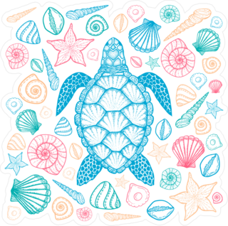Sea Turtle And Shells Line Art Sticker