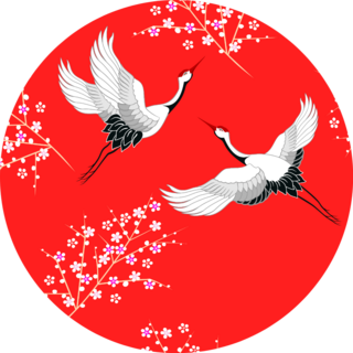 Seamless Pattern With Oriental Cranes Flying On Red Sticker