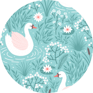 Seamless Pattern With Swan And Floral Elements On Blue Sticker