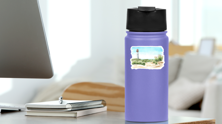 Seaside With Sand Dunes And Old Lighthouse Watercolor Sticker on a Water Bottle (New) example