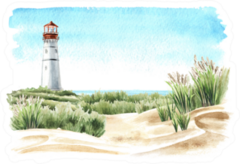 Seaside With Sand Dunes And Old Lighthouse Watercolor Sticker