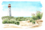 Seaside With Sand Dunes And Old Lighthouse Watercolor Sticker