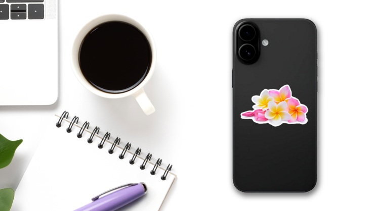 Set Of Beautiful White Pink Plumeria Flowers Sticker on a Phone (New) example