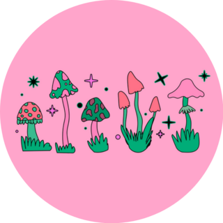 Set Of Cartoon Hand Drawn Mushrooms On Pink Sticker