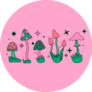 Set Of Cartoon Hand Drawn Mushrooms On Pink Sticker
