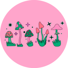Set Of Cartoon Hand Drawn Mushrooms On Pink Sticker