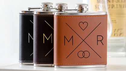 Set of Leather Flasks With Wedding Logo Engraved