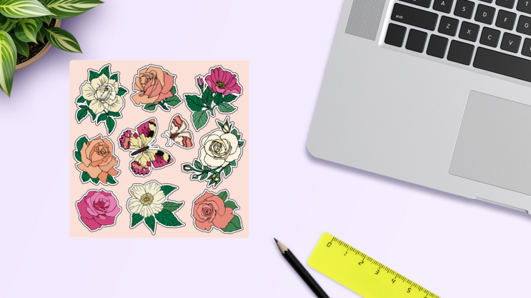 Set Of Roses Sticker Sheet on a Desk (New) example