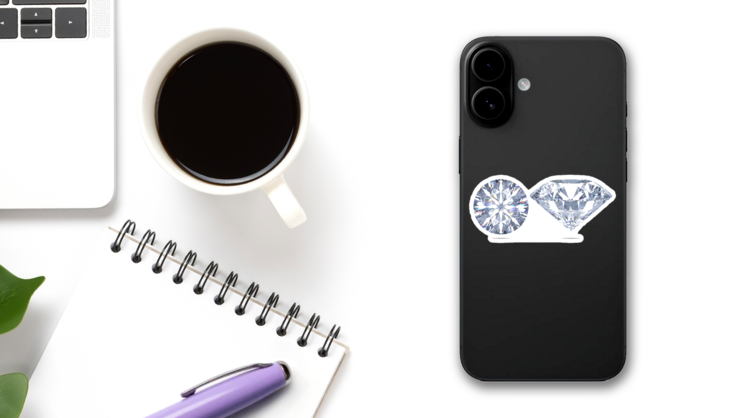 Set Of Sparkling Light Round Brilliant Cut Diamonds Jeweler Sticker on a Phone (New) example