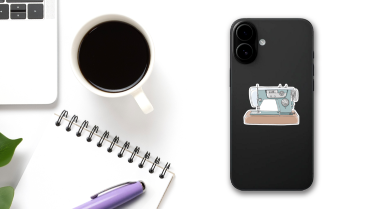 Sewing Retro Machine Cute Vintage Illustration Sticker on a Phone (New) example