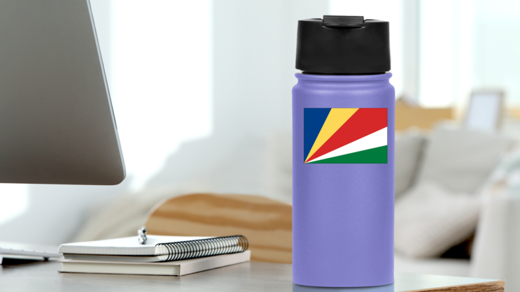 Seychelles Country Flag Sticker on a Water Bottle (New) example