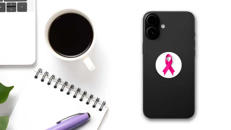 Shadowed Breast Cancer Awareness Ribbon Sticker on a Phone (New) example