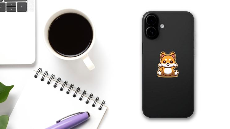 Shiba Sitting Excited Sticker on a Phone (New) example
