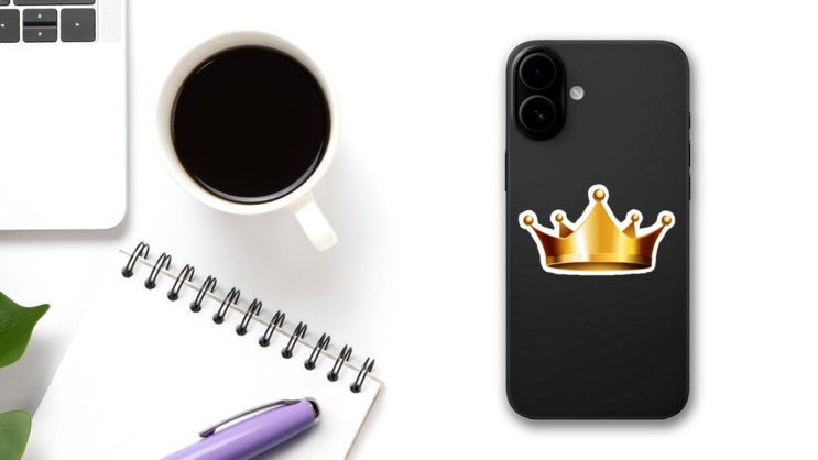 Shiny Gold Crown Sticker on a Phone (New) example