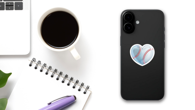Shiny Heart Baseball Sticker on a Phone (New) example
