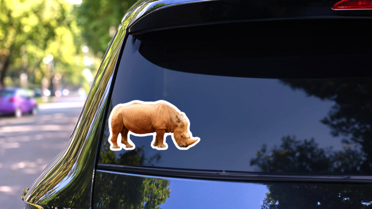 Side View Of A Rhino On A White Background Sticker on a Rear Car Window (New) example