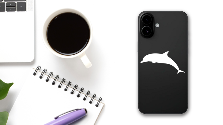 Silhouette Of A Dolphin Sticker on a Phone (New) example